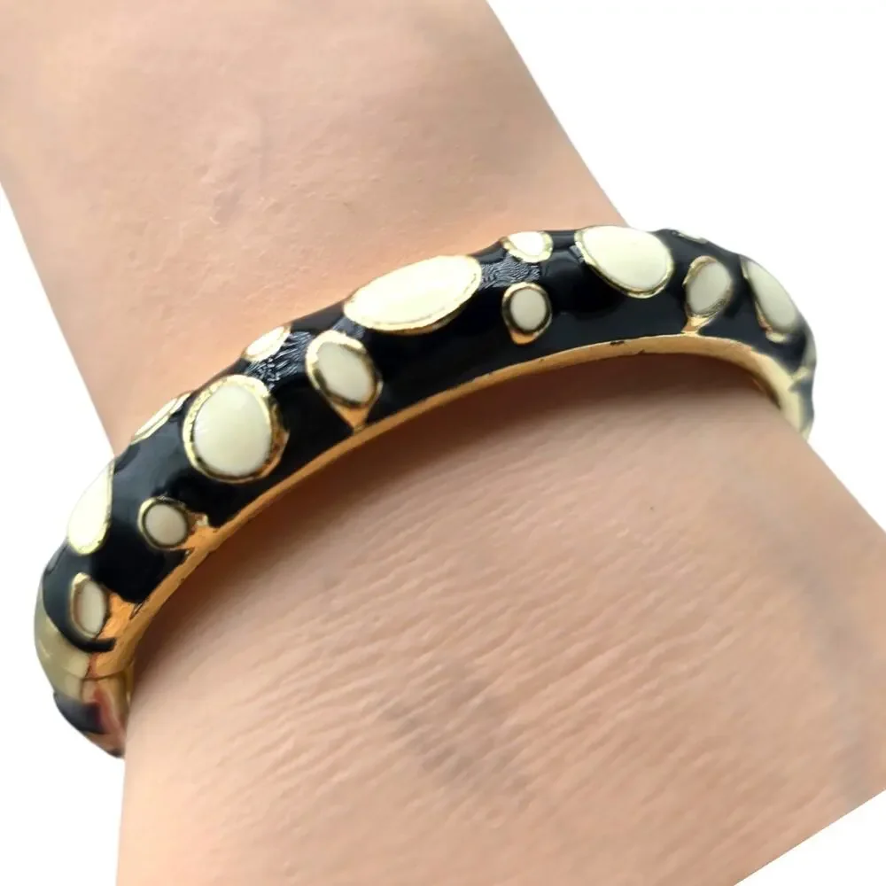 Vintage Black Cream Bracelet Spotted Polka Dot Clamper 7.25